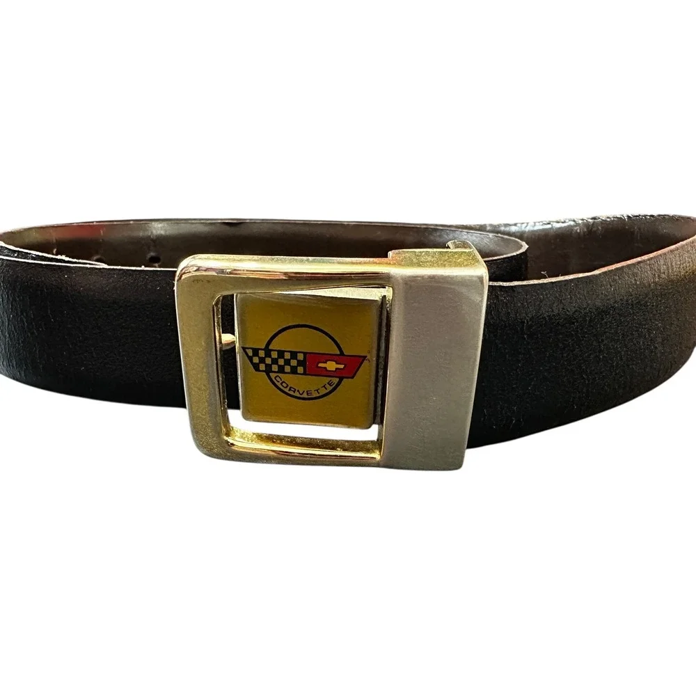 Vintage Corvette Belt Brown Leather Automotive‎ Car Emblem Novelty Buckle Mens